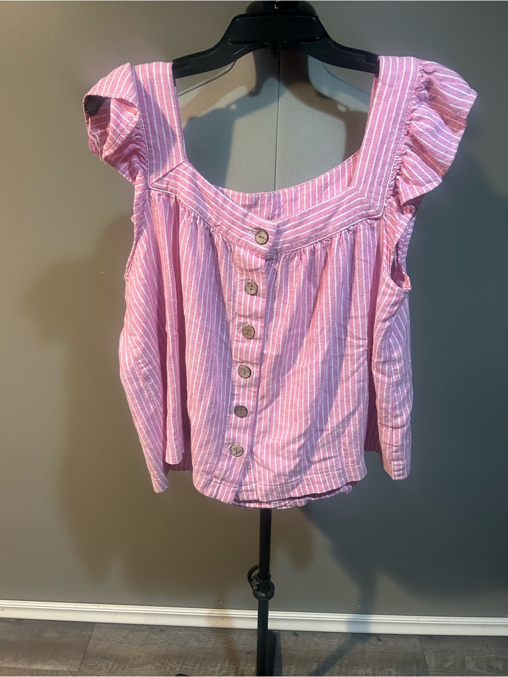 Pink Striped Button-Front Ruffle Sleeve Top
